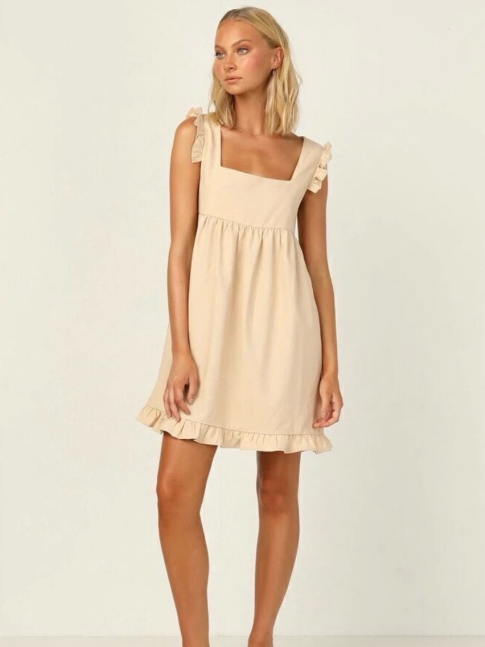 Girl and the Sun Sleeveless Square-Neck Ruffle Mini Dress in Soft Beige